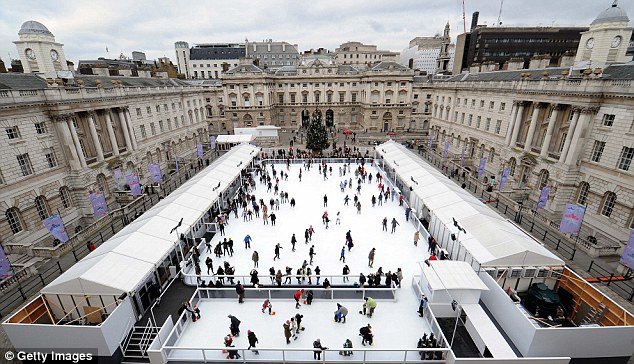 Ice-capades: Skaters at Somerset House in London today. The ice won't just be restricted to the rink next week as temperatures plunge to -9C
